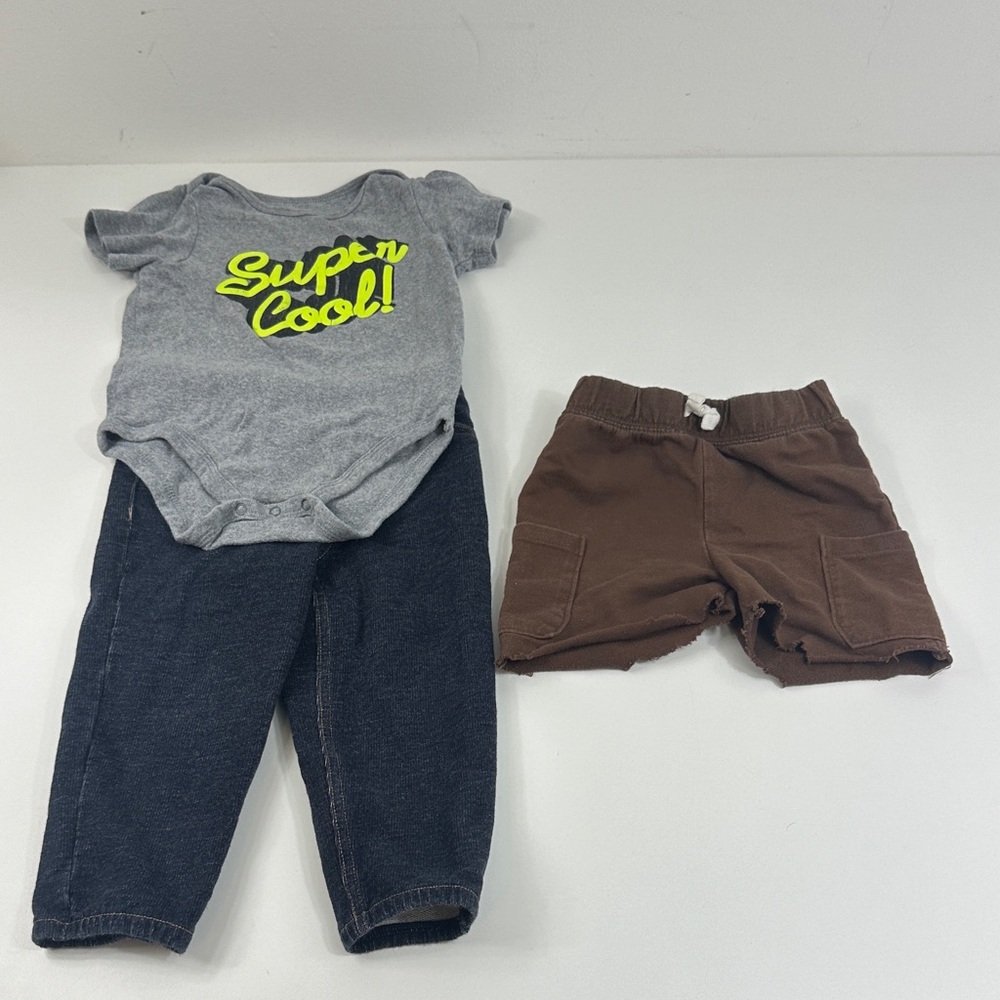 Baby lot of (3) pants 24M shorts onesie graphic “super cool” design green black